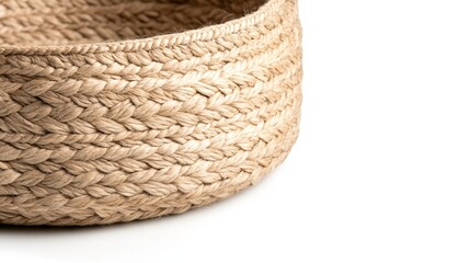 Close-up of a hemp basket, organic texture, natural fibers, eco-friendly design, isolated on white, minimal shadows