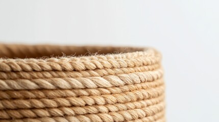 Obraz premium Close-up of a wool-accented basket made from natural fibers, beautifully displayed against a white background, emphasizing texture and detail