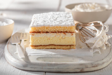 Delicious and homemade napoleon cake filling with custard cream.