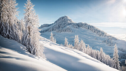 Obraz premium Snowy Mountain Peak: A majestic snow-covered mountain peak dominates the landscape, its slopes adorned with frost-covered trees, bathed in the golden glow of the winter sun. This serene scene evokes 