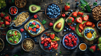 Fototapeta premium healthy food table top view featuring avocado toast, fresh fruits like strawberries and blueberries, bowls of yogurt with granola and nuts, directly above view, all arranged on a rustic wooden table.