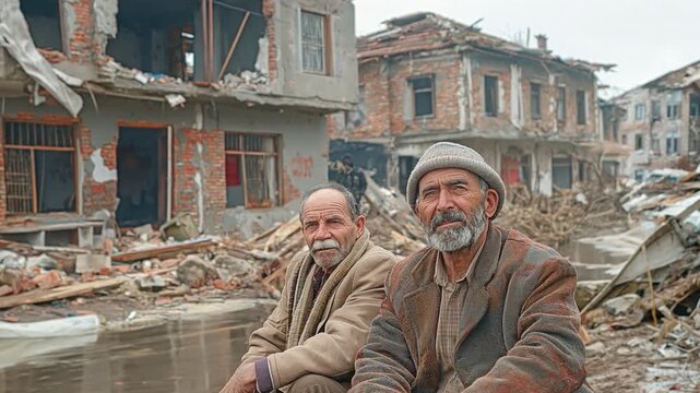 People without homes in front of homes that have been devastated by an earthquake or a war missile attack