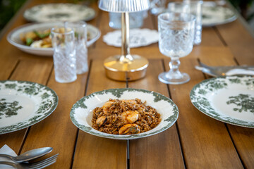 Rice with mussels and shrimp on a plate