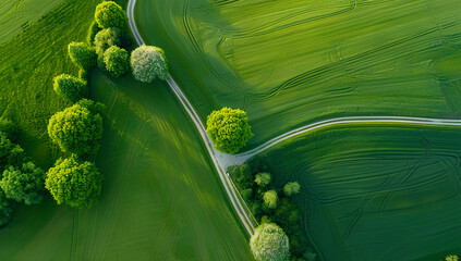 Green farmland on the country side road with trees, crops and vegetation, harvesting season