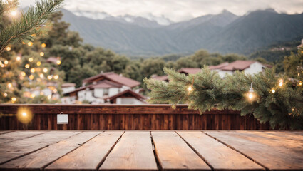 Mountainside Christmas: Rustic Wooden Tabletop with Festive Lights in a Picturesque Winter Landscape 