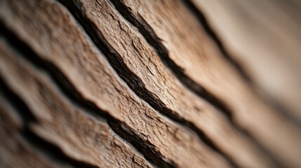 Close-up of an ancient tree, focusing on the deeply grooved bark, subtle leaf shapes, and intricate natural grain patterns