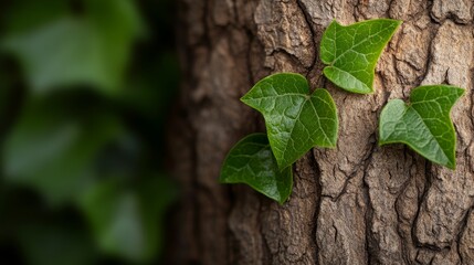 Close-up of tree bark with visible grain and subtle green leaves growing through, creating a harmonious blend of life and texture