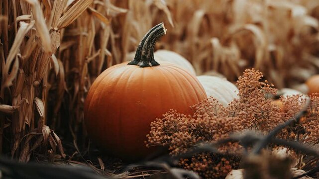 Halloween and Thanksgiving decoration for home and celebration concept, pumpkins and plants, autumn background