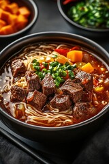Fototapeta premium A bowl of braised beef diced instant noodles, with diced beef and a few vegetables on top