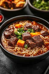 A bowl of braised beef diced instant noodles, with diced beef and a few vegetables on top
