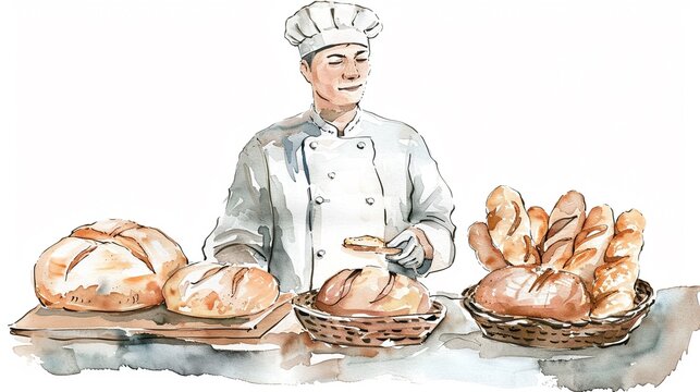 Bakery pastry chef with bread creations,Clipart, watercolor illustration, Perfect for nursery art The style is hand  drawn, white background