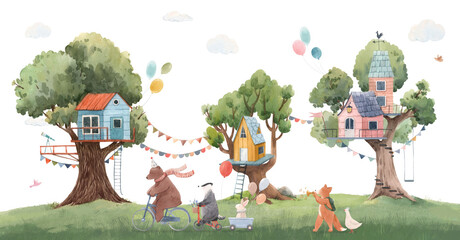 Beautiful kid mural with composition of watercolor hand drawn tree houses and cute forest animals. Stock childish illustration.