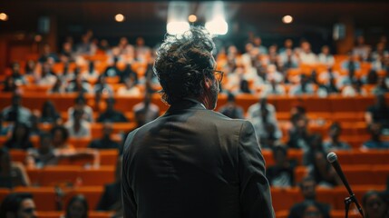 A speaker addresses a large audience in a conference hall,  with the spotlight shining on him from behind.