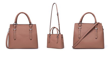 Group of women's fashion beige purse handbag isolated on white background. Grey leather unisex casual shoulder bag. High resolution photo product - Stock photo
