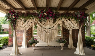 Elegant spring wedding reception with lush green plants and classic decor 