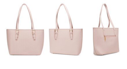 Group of women's fashion beige purse handbag isolated on white background. Pink leather unisex casual shoulder bag. High resolution photo product - Stock photo