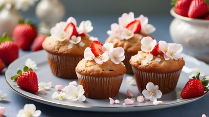 Sugar-pearl-topped muffins and fresh strawberries with dainty blossoms