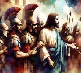 Abstract Bliblical illustration. Watercolour Painting and Illustrattion Jesus was carried by Roman soldiers. Judas Iscariot betrayed Jesus Christ