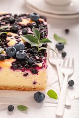 Homemade and tasty blueberry cheesecake made of mascarpone and berries.