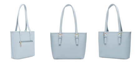 Group of women's fashion beige purse handbag isolated on white background. Sky leather unisex casual shoulder bag. High resolution photo product - Stock photo