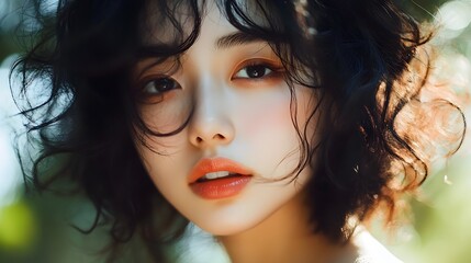 Fototapeta premium Captivating Asian Woman with Curly Natural Hair Showcasing Effortless Beauty and Elegance
