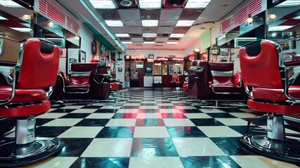 Vintage video of retro barber shop of 50s, retro interior design	
