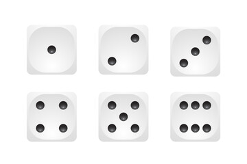 White 3d dice icon vector set. Six faces of game die from one to six on white background. Front cube sides with black dots 1,2,3,4,5,6. Realistic gambling objects to play in casino, backgammon, poker.