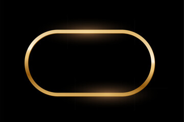 Golden oval photo frame on black background. Gold ellipse button. Blank space for picture, painting, card. 3d realistic empty template vector illustration. Simple object mockup.