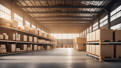 Empty warehouse interior with shelving units and industrial floor.