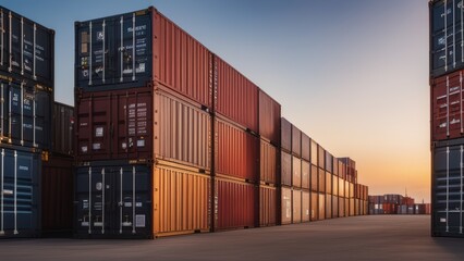 Fototapeta premium Row of colorful shipping containers at sunset in a serene industrial setting.