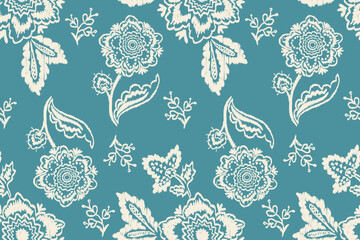 Fototapeta premium Motifs African paisley boho Floral Ikat seamless pattern embroidery border. Ethnic ikat saree sarong flower design for Ikat pattern and Ethnic Pattern.Border indian floral Aztec embroidery border.