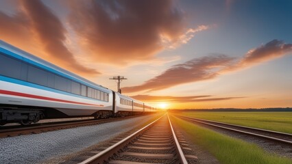 Fototapeta premium A modern passenger train travels on railroad tracks at sunset surrounded by a warm orange-pink sky. (166 characters)