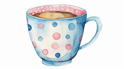 Coffee cup with a polka dot pattern,Clipart, watercolor illustration, Perfect for nursery art The style is hand  drawn, white background