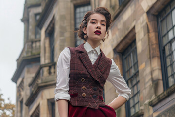 Fototapeta premium Elegant claret skirt paired with bold cherry waistcoat exudes style and confidence