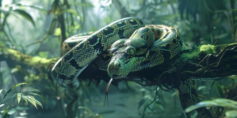 Green Python Snake in the Jungle