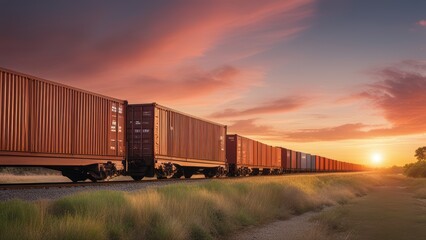 Fototapeta premium A train travels along tracks at sunrise/sunset with boxcars and a warm rural landscape.