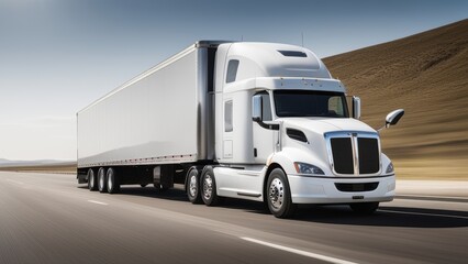 A sleek semi-truck drives down a winding road cargo trailer attached.