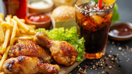 Delicious Chicken Drum Roll and Chicken Wings with French Fries and Soft Drinks