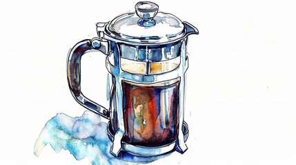 French press with a plunger,Clipart, watercolor illustration, Perfect for nursery art The style is hand  drawn, white background