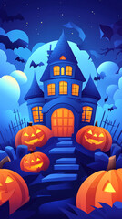 Halloween horror house night castle vintage decoration holiday illustration