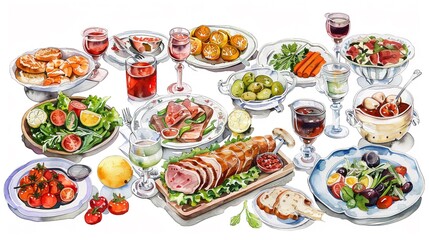 Family dinner table with various dishes,Clipart, watercolor illustration, Perfect for nursery art The style is hand  drawn, white background