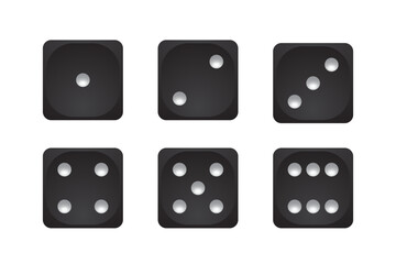 Black 3d dice icon vector set. Six faces of game die from one to six on white background. Front cube sides with white dots 1,2,3,4,5,6. Realistic gambling objects to play in casino, backgammon, poker.