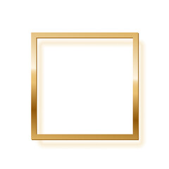 Obraz premium Golden square photo frame on white background. Gold button. Blank space for picture, painting, card. 3d realistic empty template vector illustration. Simple object mockup.