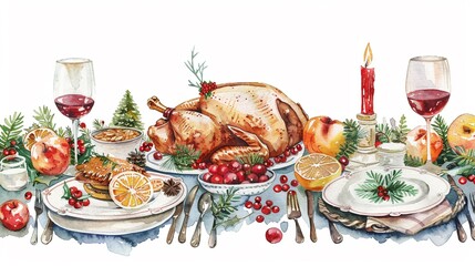 Christmas dinner with a festive spread,Clipart, watercolor illustration, Perfect for nursery art The style is hand  drawn, white background