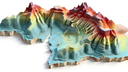 Pictures of a model showing the shape of the terrain in reality, including mountains, rivers, valleys, and different colors indicating depressions or elevations.