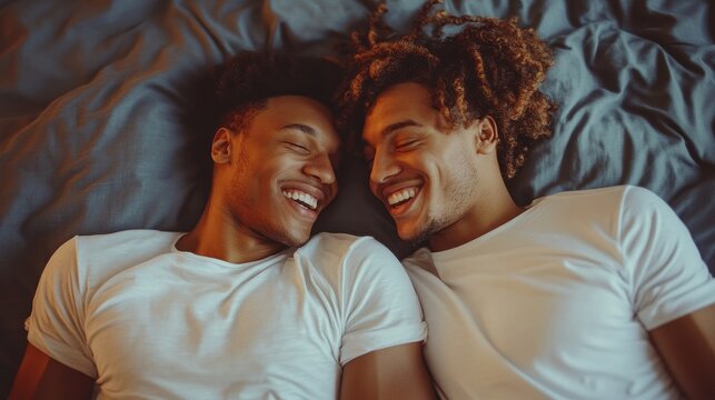 Two men are laying on a bed and smiling at the camera