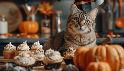 Close-up of grey tabby cat at halloween party table with plates full of food, snacks and decorations, blurred kitchen counter in background.
