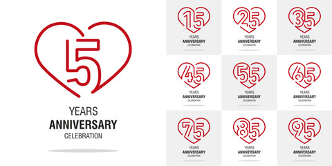 Set of Anniversary vector creative design greetings. Red line art heart shape emblems with numbers for celebration event, invitation, greeting, template, leaflet