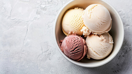 Top view of vanilla ice cream scope on bowl