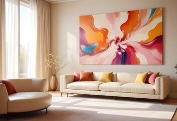 A living room with a blue wall and a painting of a bird on the wall Photo modern style interior room 3d illustration